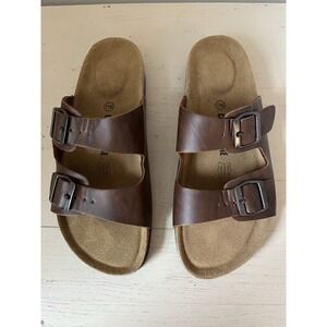 Cushionaire Women's Lane Size 11 M Brown Leather Slip On Comfort Sandals Buckles